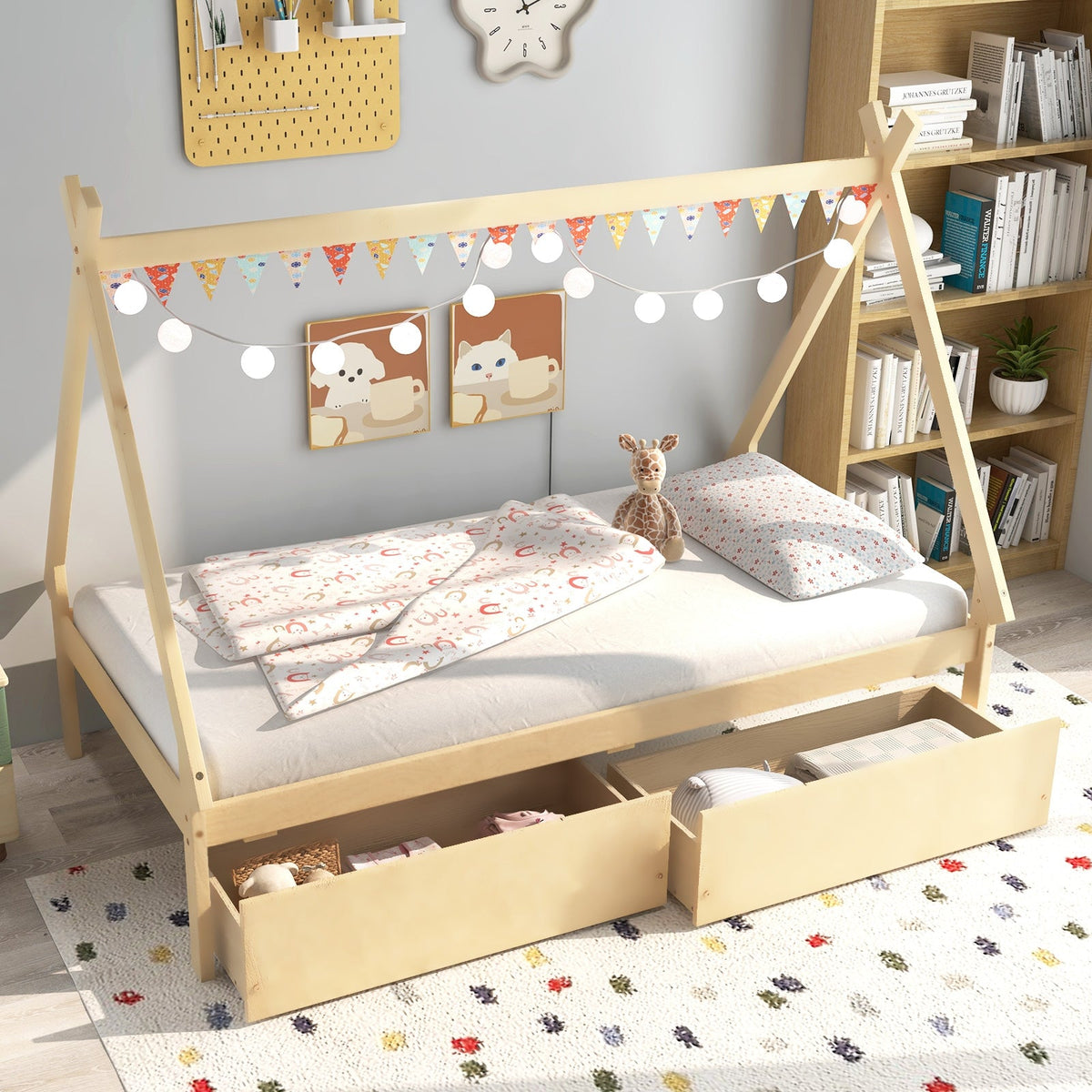 Twin Size Wooden Tent Platform House Bed with 2 Drawers-Simple Bed Frame-DECOROLALA