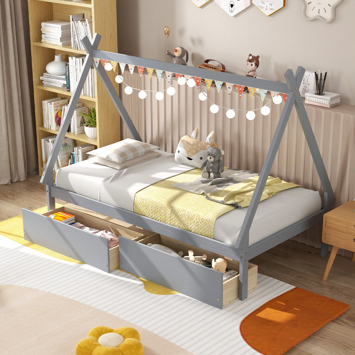 Twin Size Wooden Tent Platform House Bed with 2 Drawers-Simple Bed Frame-DECOROLALA