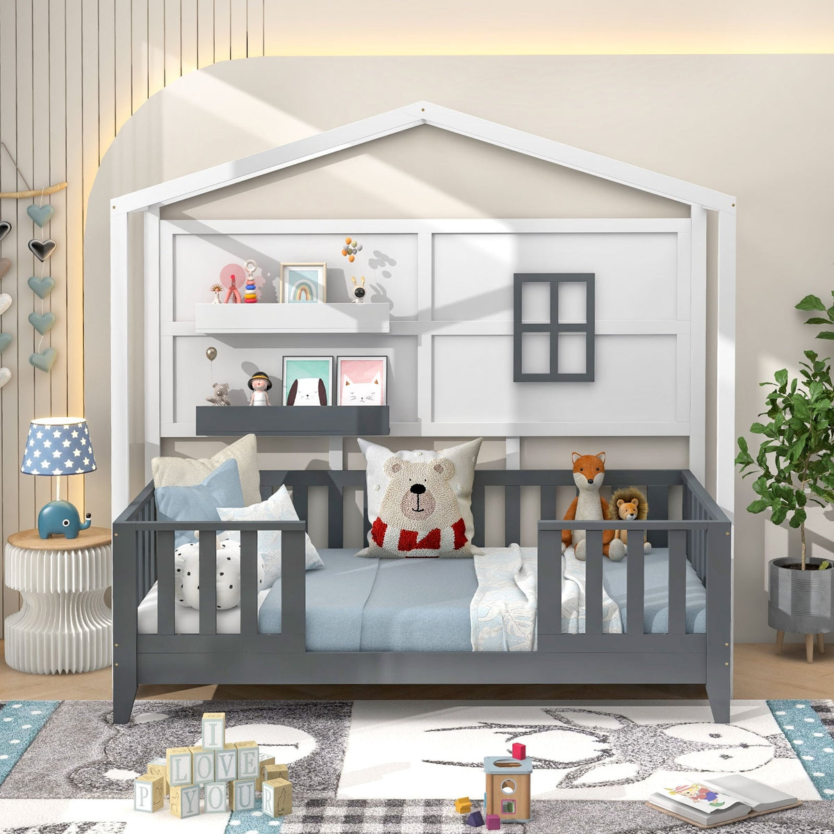 Twin Wood House Bed Montessori Floor Bed Gray White-Toddler Beds-DECOROLALA