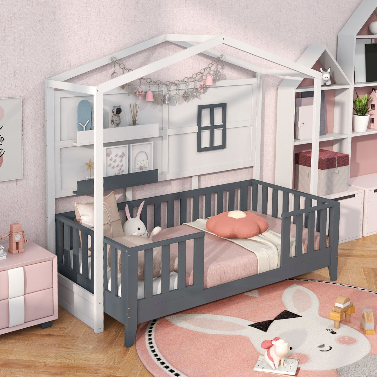 Twin Wood House Bed Montessori Floor Bed with 2 Shelves and Guardrails-Gray & White-Toddler Beds-DECOROLALA
