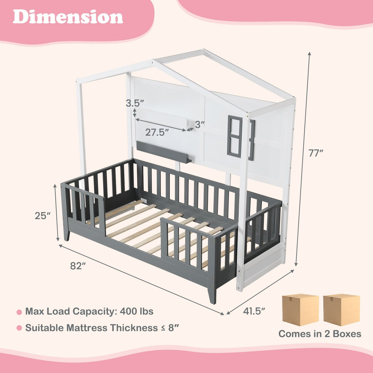 Twin Wood House Bed Montessori Floor Bed with 2 Shelves and Guardrails-Gray & White-Toddler Beds-DECOROLALA