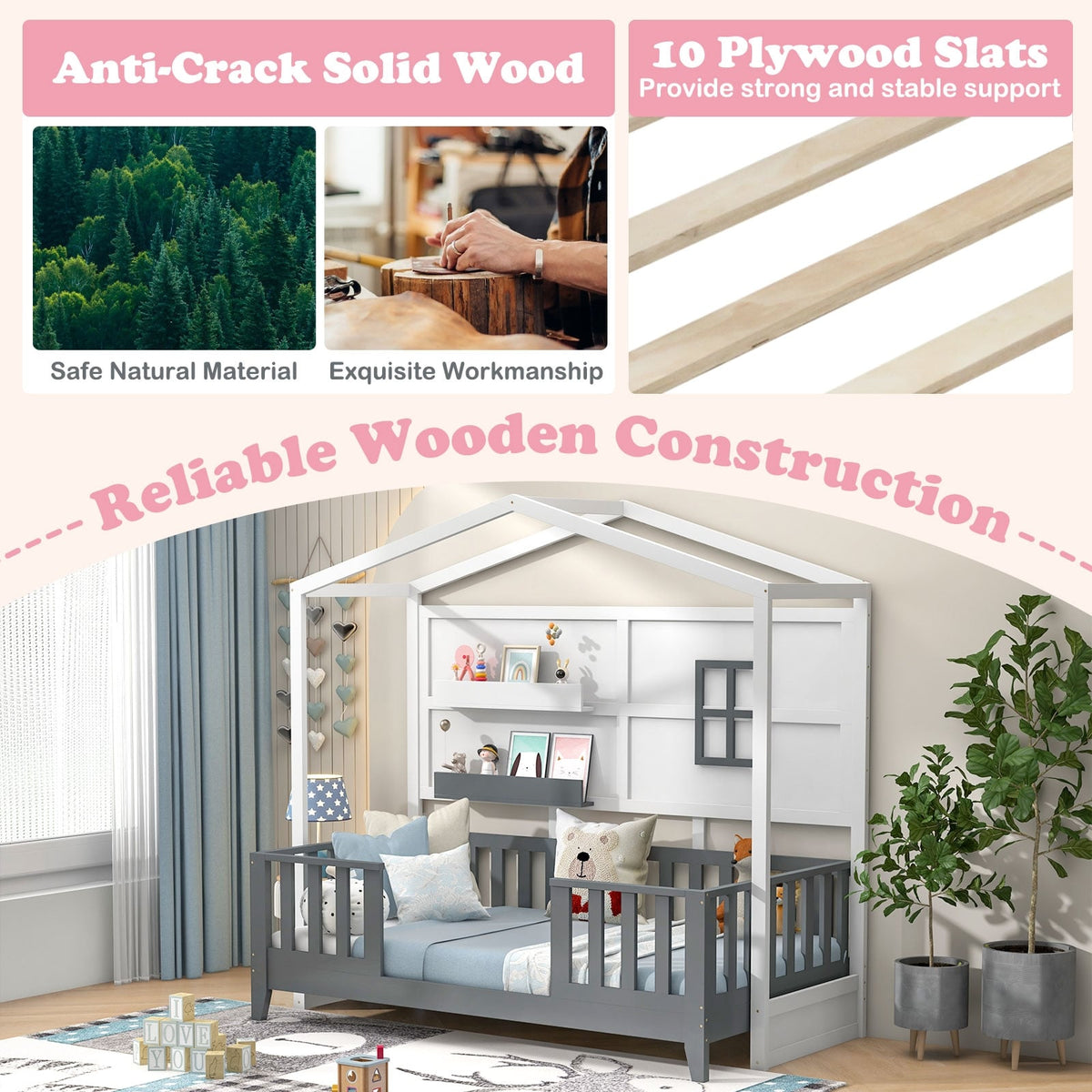 Twin Wood House Bed Montessori Floor Bed with 2 Shelves and Guardrails-Gray & White-Toddler Beds-DECOROLALA
