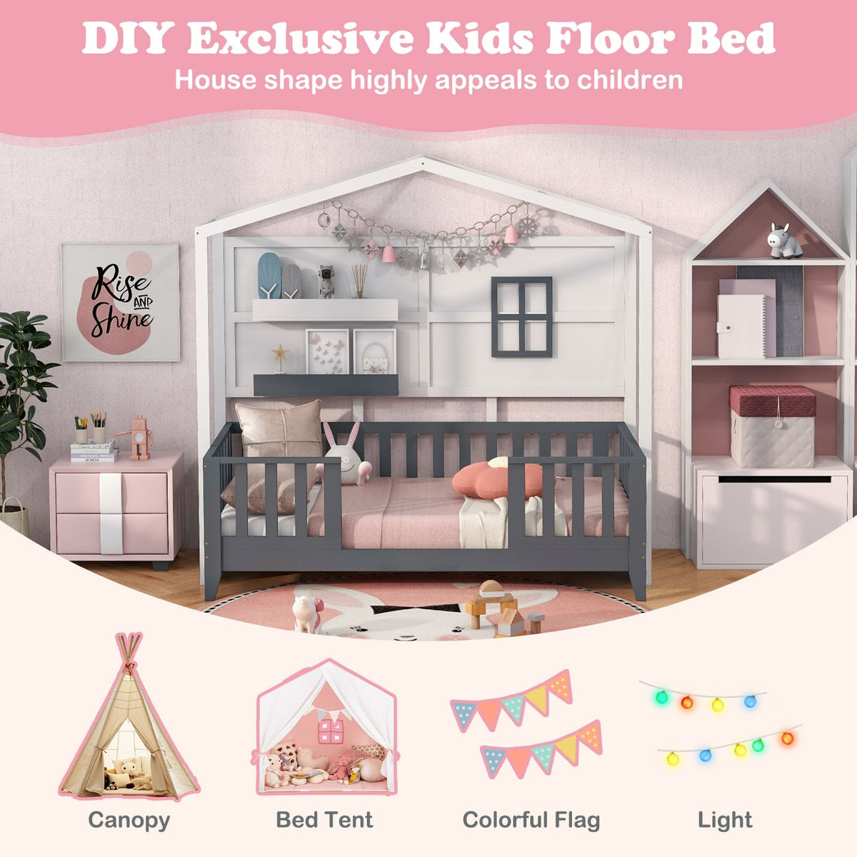 Twin Wood House Bed Montessori Floor Bed with 2 Shelves and Guardrails-Gray & White-Toddler Beds-DECOROLALA
