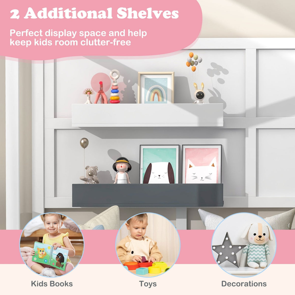 Twin Wood House Bed Montessori Floor Bed with 2 Shelves and Guardrails-Gray & White-Toddler Beds-DECOROLALA