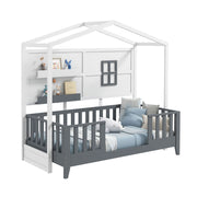 Twin Wood House Bed Montessori Floor Bed with 2 Shelves and Guardrails-Gray & White-Toddler Beds-DECOROLALA