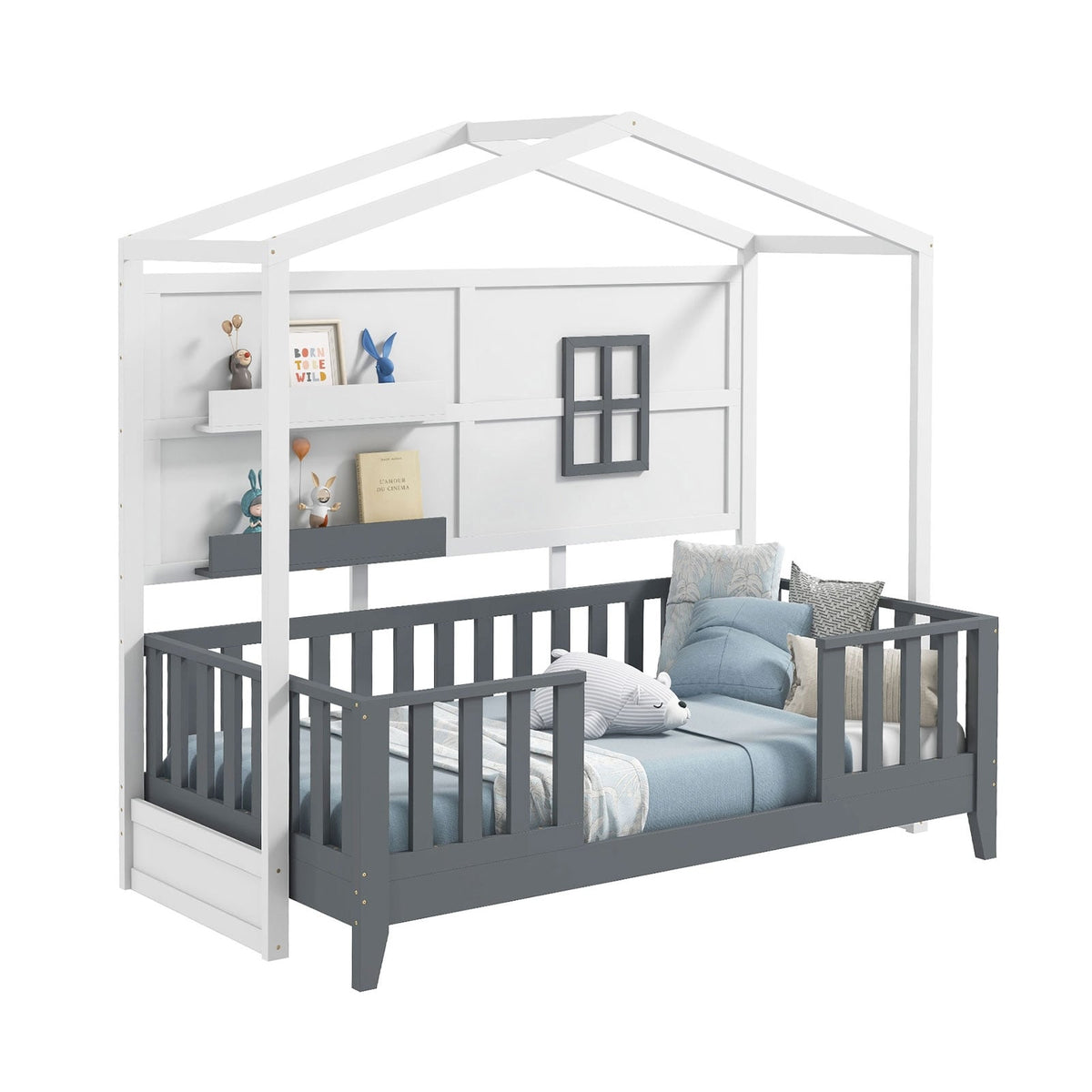 Twin Wood House Bed Montessori Floor Bed with 2 Shelves and Guardrails-Gray & White-Toddler Beds-DECOROLALA