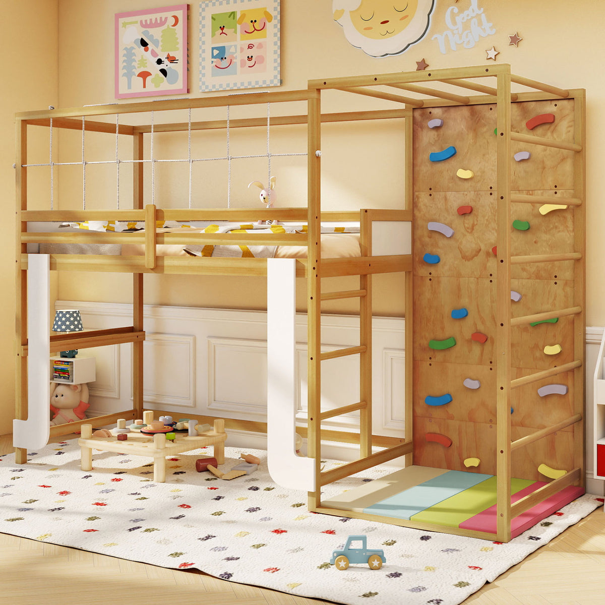 Twin Wooden Jungle Gym Loft Bed with Climbing Ladder - Natural-Bunk Bed Frame-DECOROLALA