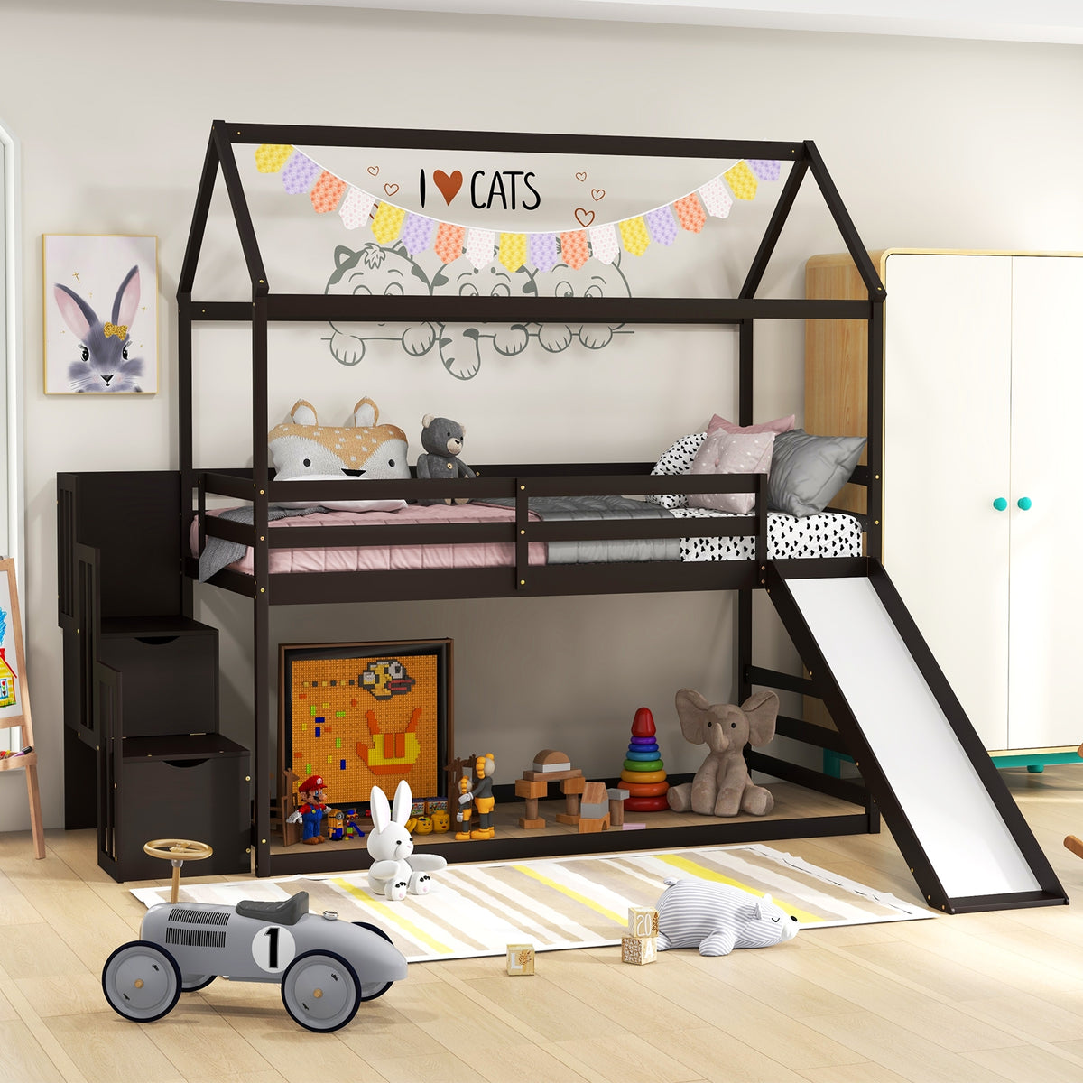 Twin over Twin Bunk Bed with Slide and 2-Step Storage Staircase-Espresso-Toddler Beds-DECOROLALA