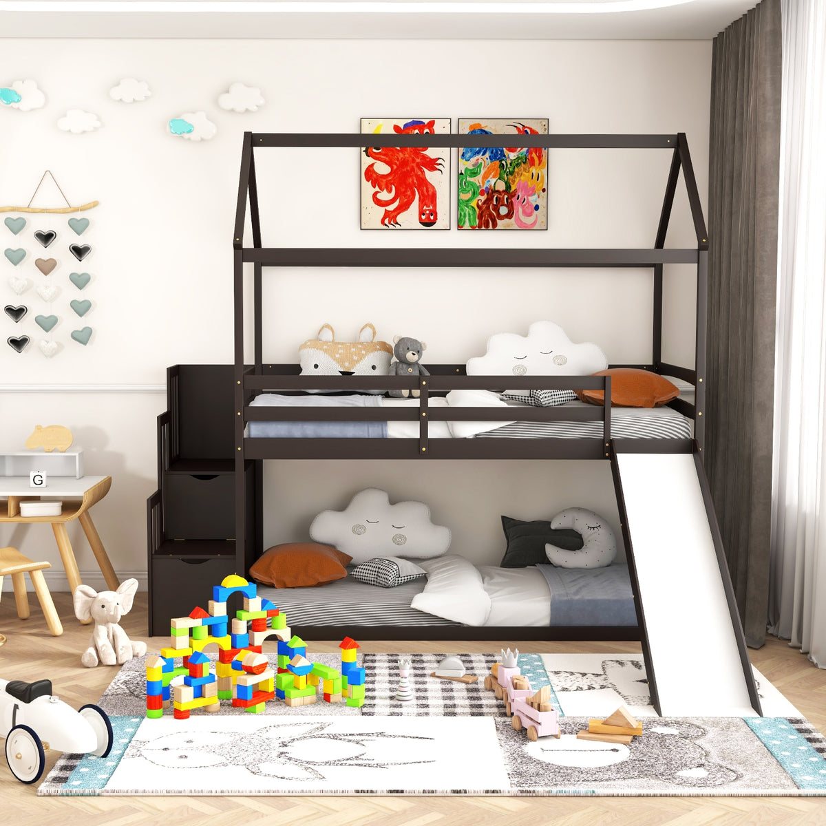 Twin over Twin Bunk Bed with Slide and 2-Step Storage Staircase-Espresso-Toddler Beds-DECOROLALA