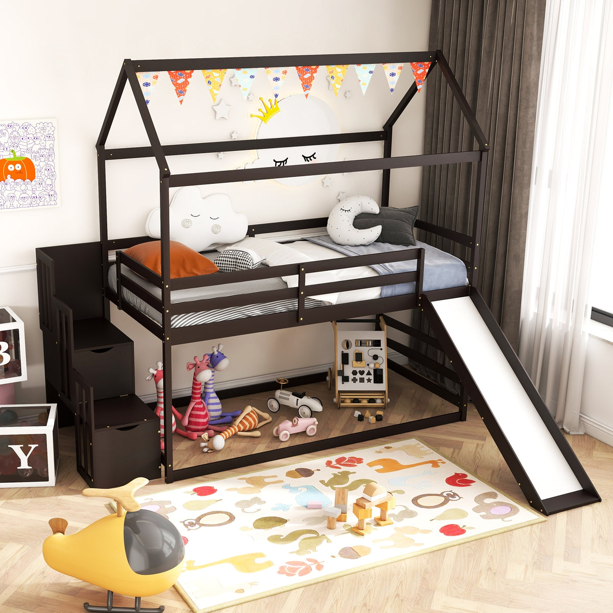 Twin over Twin Bunk Bed with Slide and 2-Step Storage Staircase-Espresso-Toddler Beds-DECOROLALA