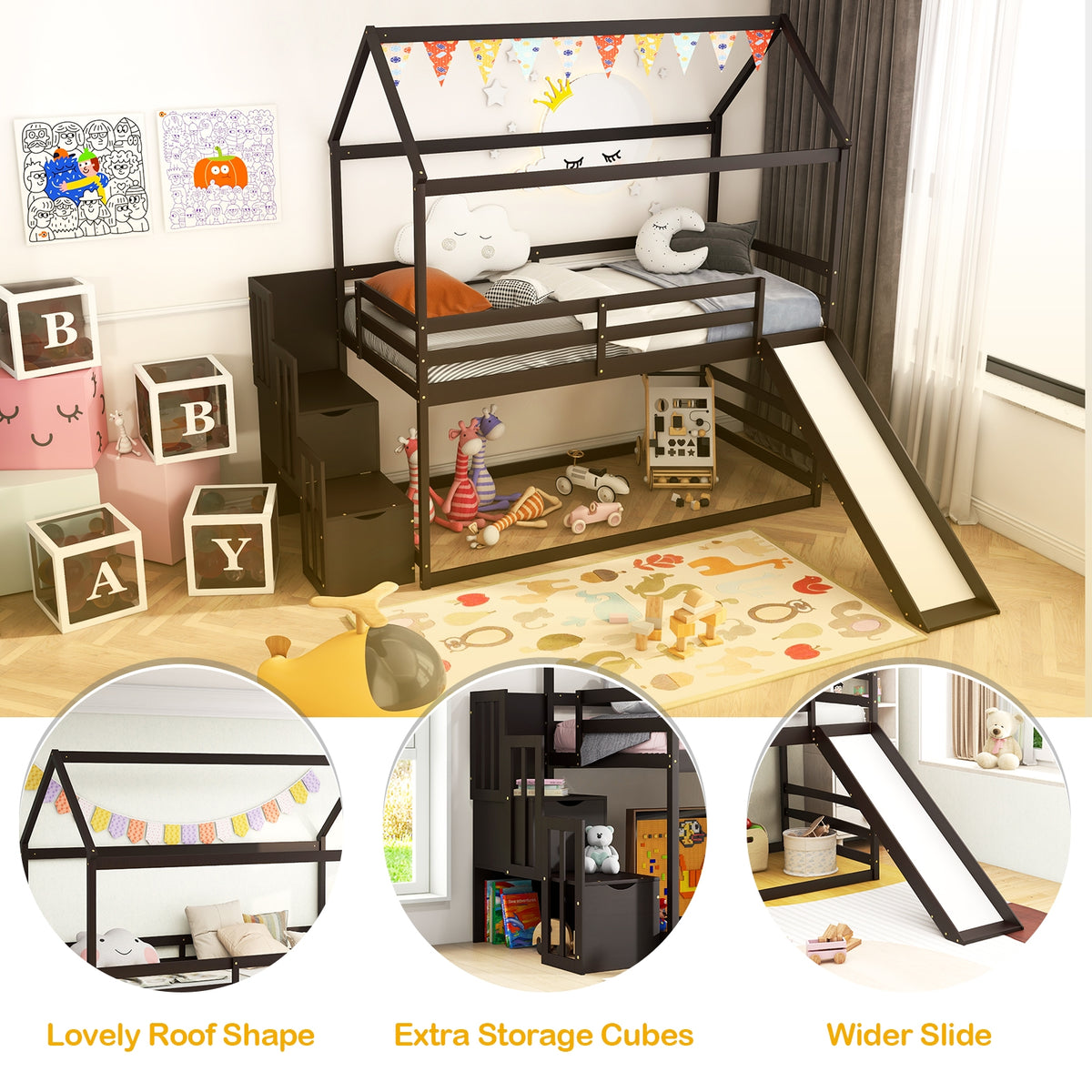 Twin over Twin Bunk Bed with Slide and 2-Step Storage Staircase-Espresso-Toddler Beds-DECOROLALA