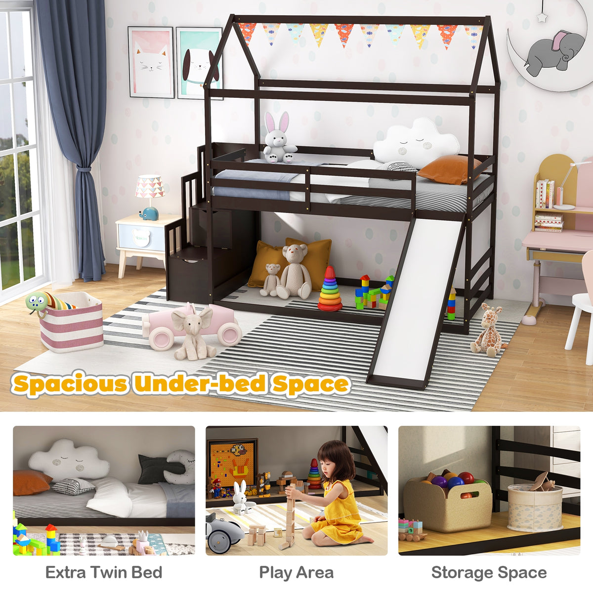 Twin over Twin Bunk Bed with Slide and 2-Step Storage Staircase-Espresso-Toddler Beds-DECOROLALA