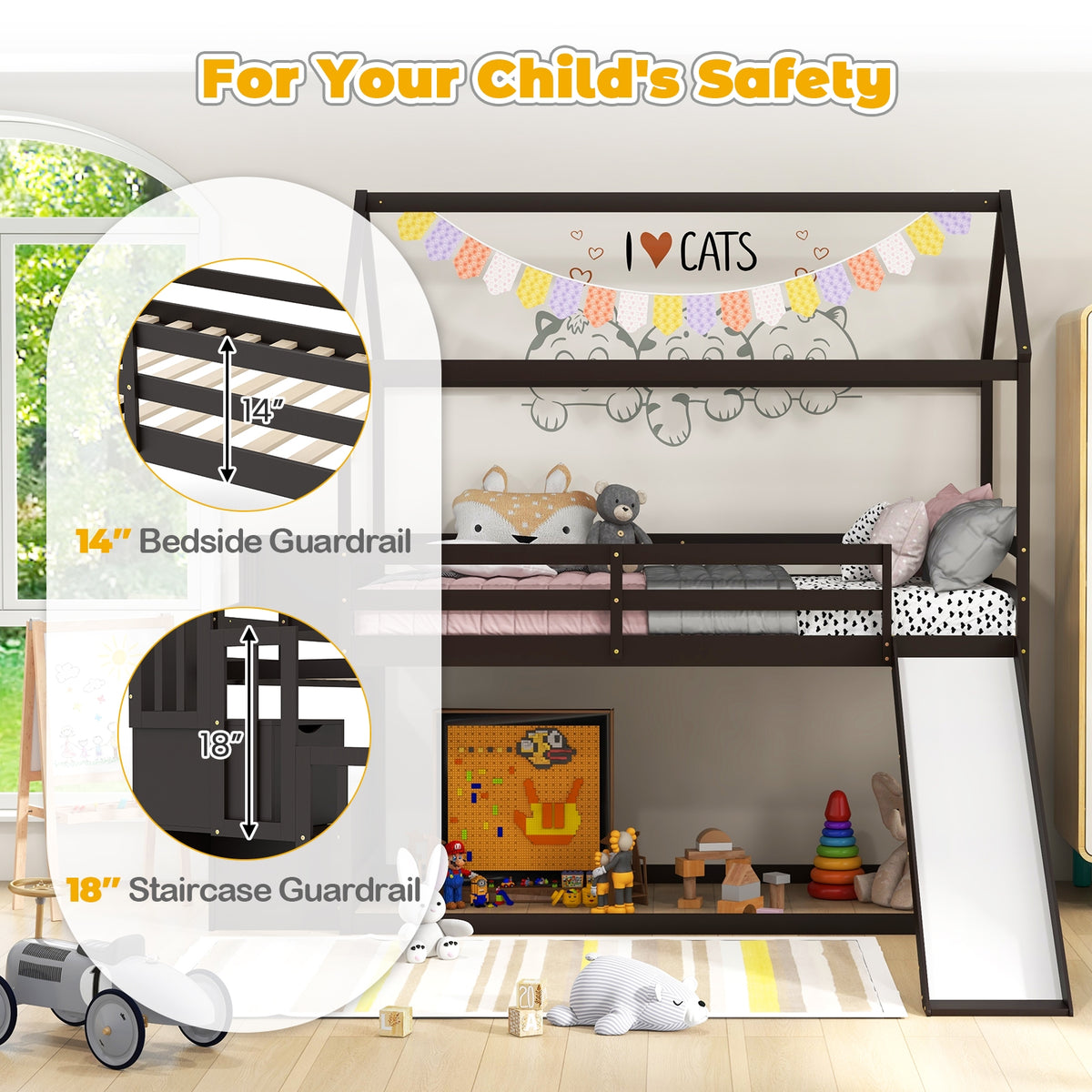 Twin over Twin Bunk Bed with Slide and 2-Step Storage Staircase-Espresso-Toddler Beds-DECOROLALA