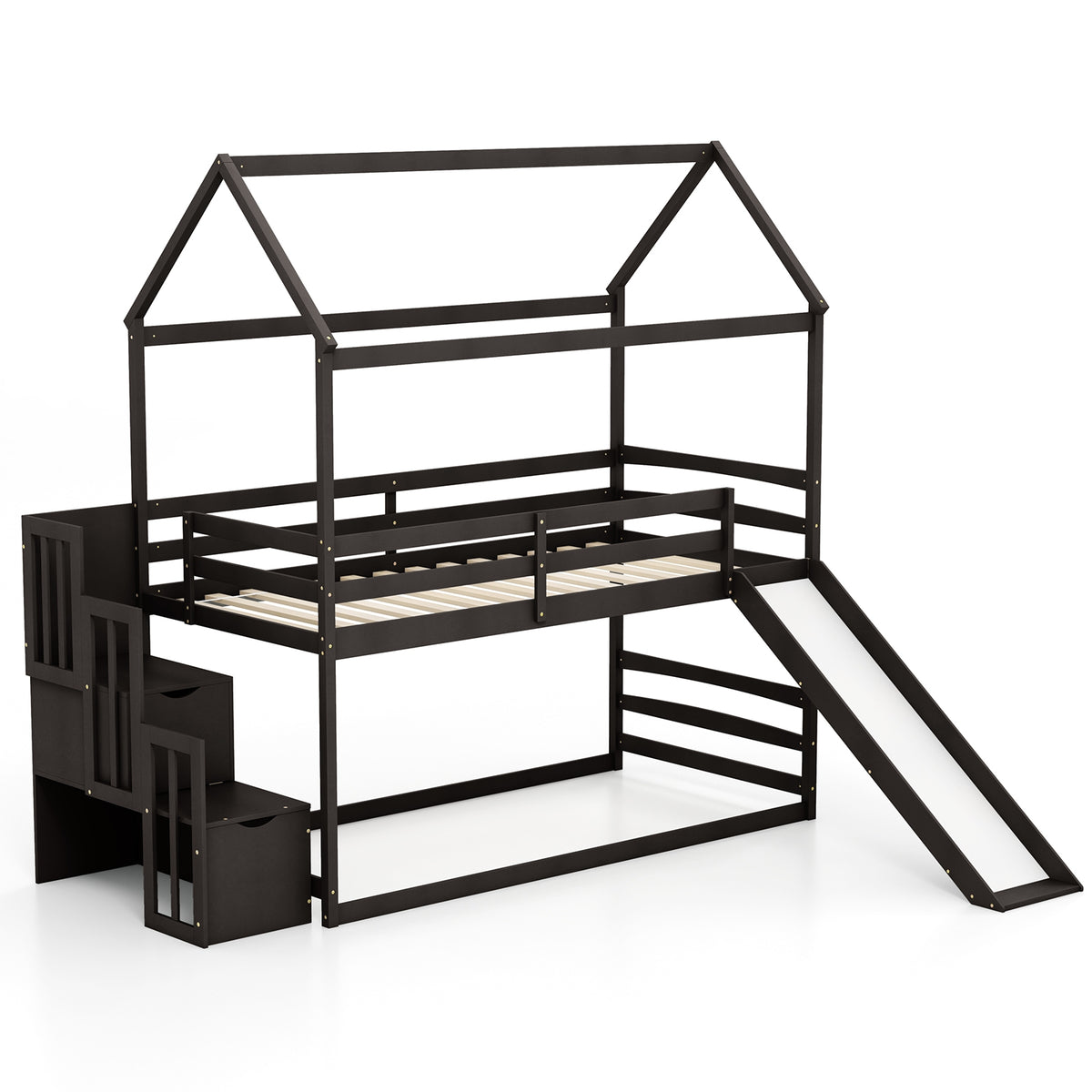 Twin over Twin Bunk Bed with Slide and 2-Step Storage Staircase-Espresso-Toddler Beds-DECOROLALA