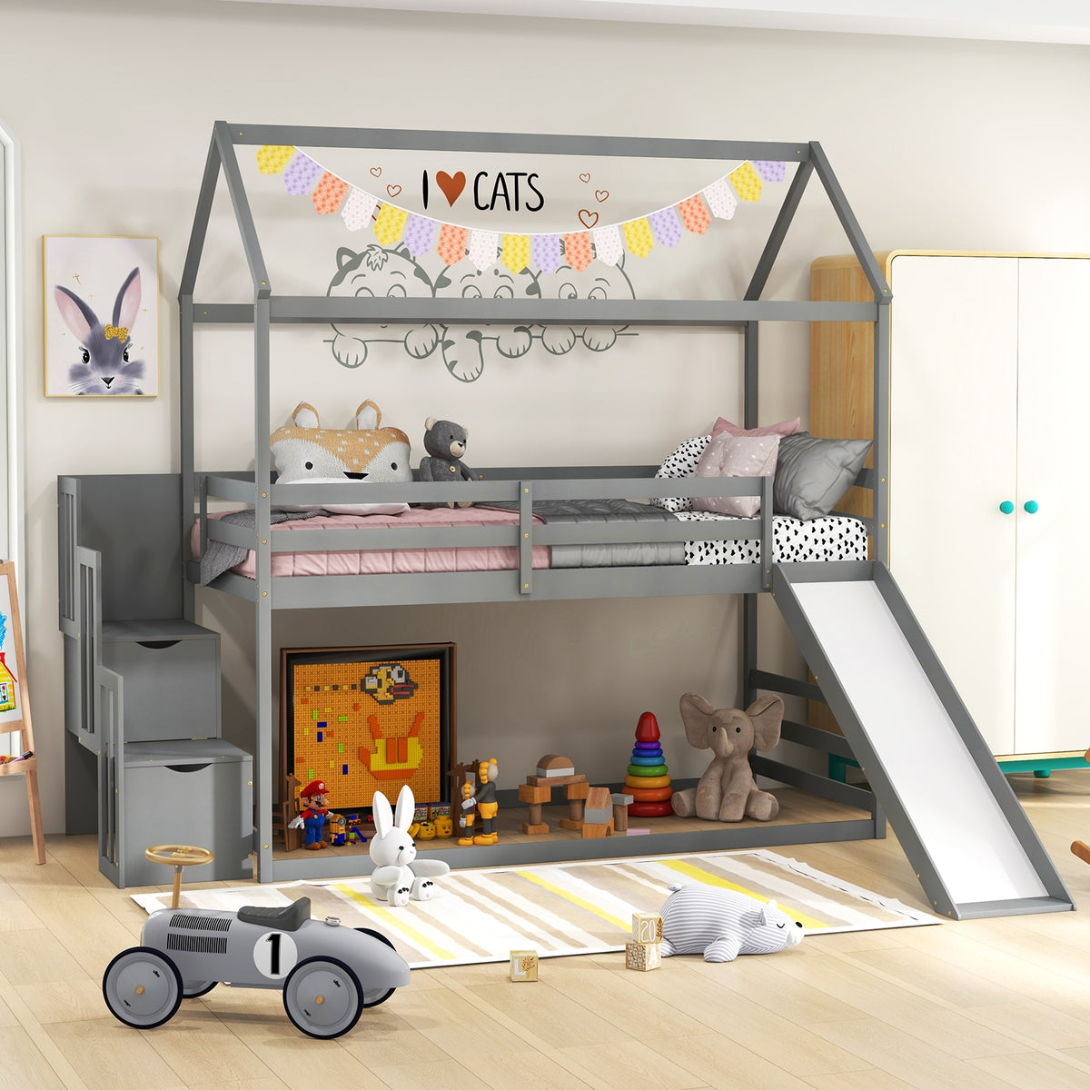Twin over Twin Bunk Bed with Slide and 2-Step Storage Staircase-Gray-Toddler Beds-DECOROLALA