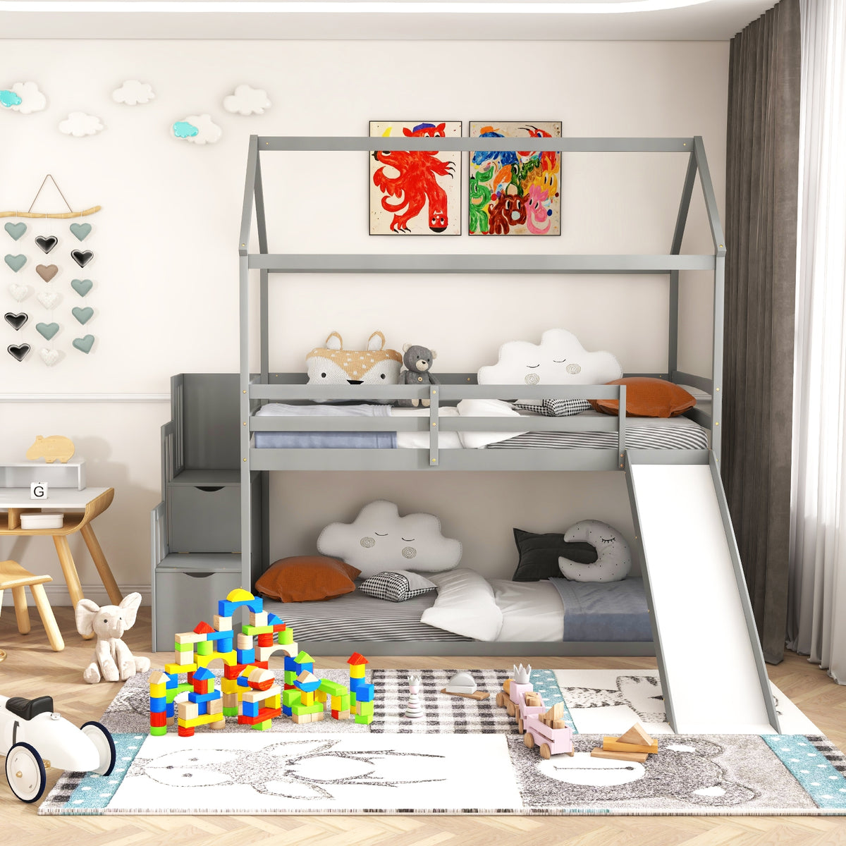 Twin over Twin Bunk Bed with Slide and 2-Step Storage Staircase-Gray-Toddler Beds-DECOROLALA
