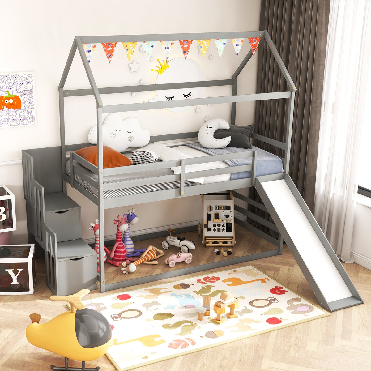 Twin over Twin Bunk Bed with Slide and 2-Step Storage Staircase-Gray-Toddler Beds-DECOROLALA
