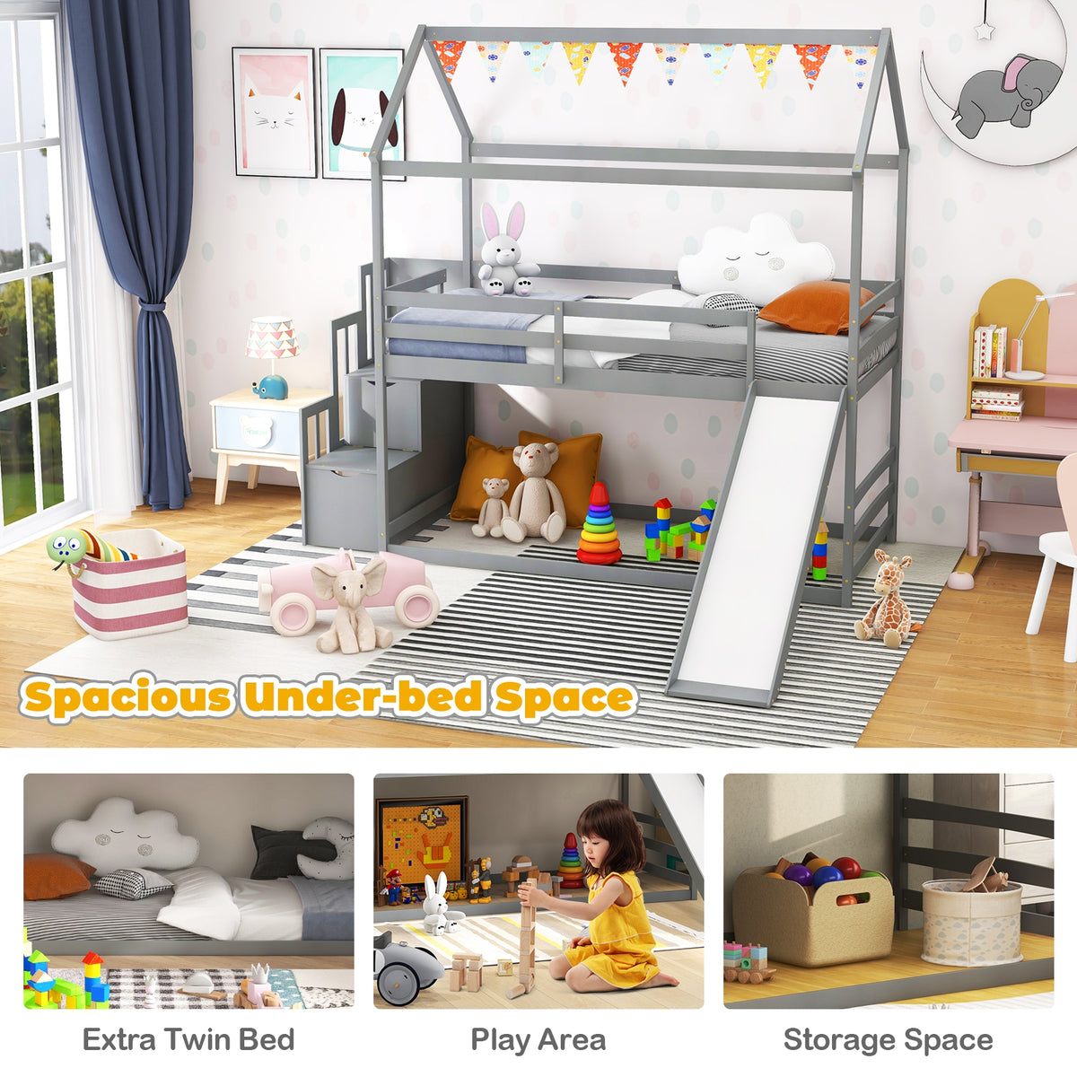 Twin over Twin Bunk Bed with Slide and 2-Step Storage Staircase-Gray-Toddler Beds-DECOROLALA