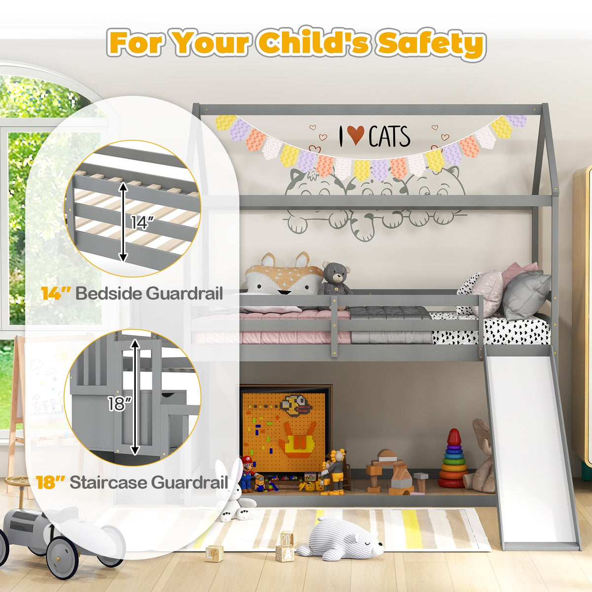Twin over Twin Bunk Bed with Slide and 2-Step Storage Staircase-Gray-Toddler Beds-DECOROLALA