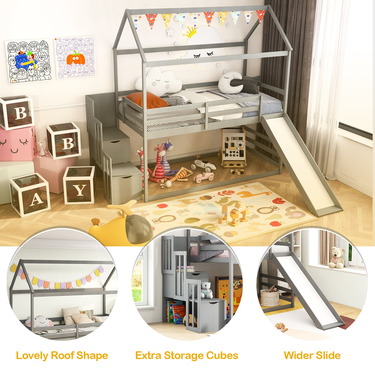 Twin over Twin Bunk Bed with Slide and 2-Step Storage Staircase-Gray-Toddler Beds-DECOROLALA