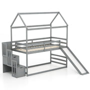 Twin over Twin Bunk Bed with Slide and 2-Step Storage Staircase-Gray-Toddler Beds-DECOROLALA