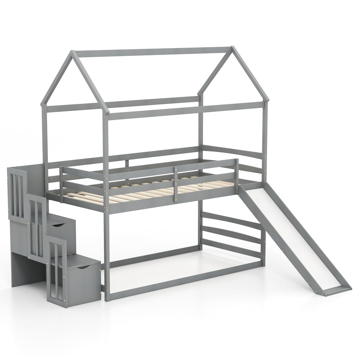 Twin over Twin Bunk Bed with Slide and 2-Step Storage Staircase-Gray-Toddler Beds-DECOROLALA
