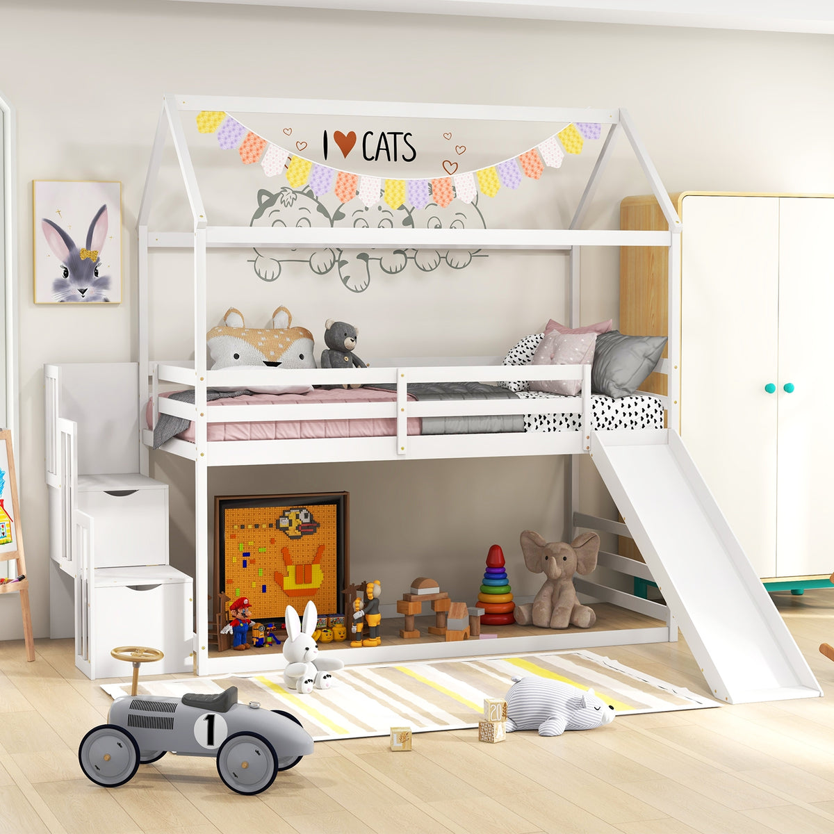 Twin over Twin Bunk Bed with Slide and 2-Step Storage Staircase-White-Toddler Beds-DECOROLALA