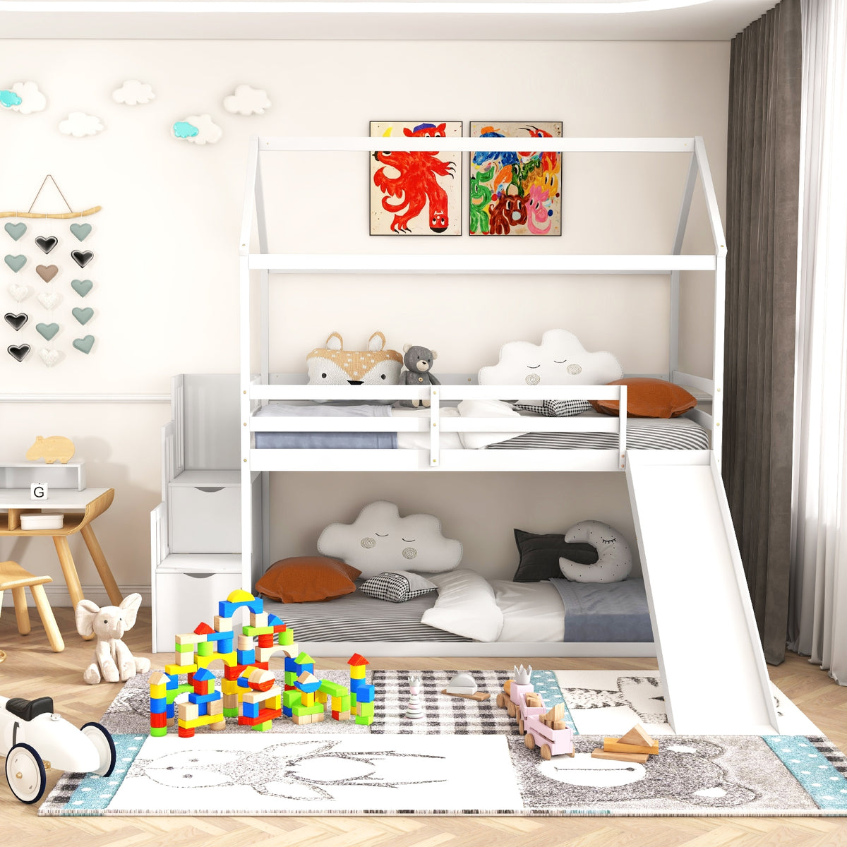 Twin over Twin Bunk Bed with Slide and 2-Step Storage Staircase-White-Toddler Beds-DECOROLALA