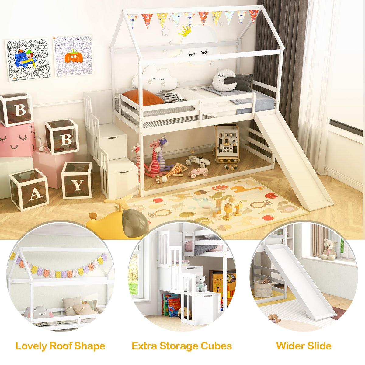Twin over Twin Bunk Bed with Slide and 2-Step Storage Staircase-White-Toddler Beds-DECOROLALA