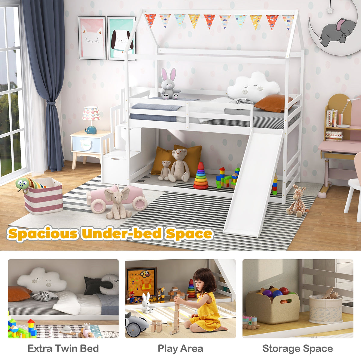 Twin over Twin Bunk Bed with Slide and 2-Step Storage Staircase-White-Toddler Beds-DECOROLALA