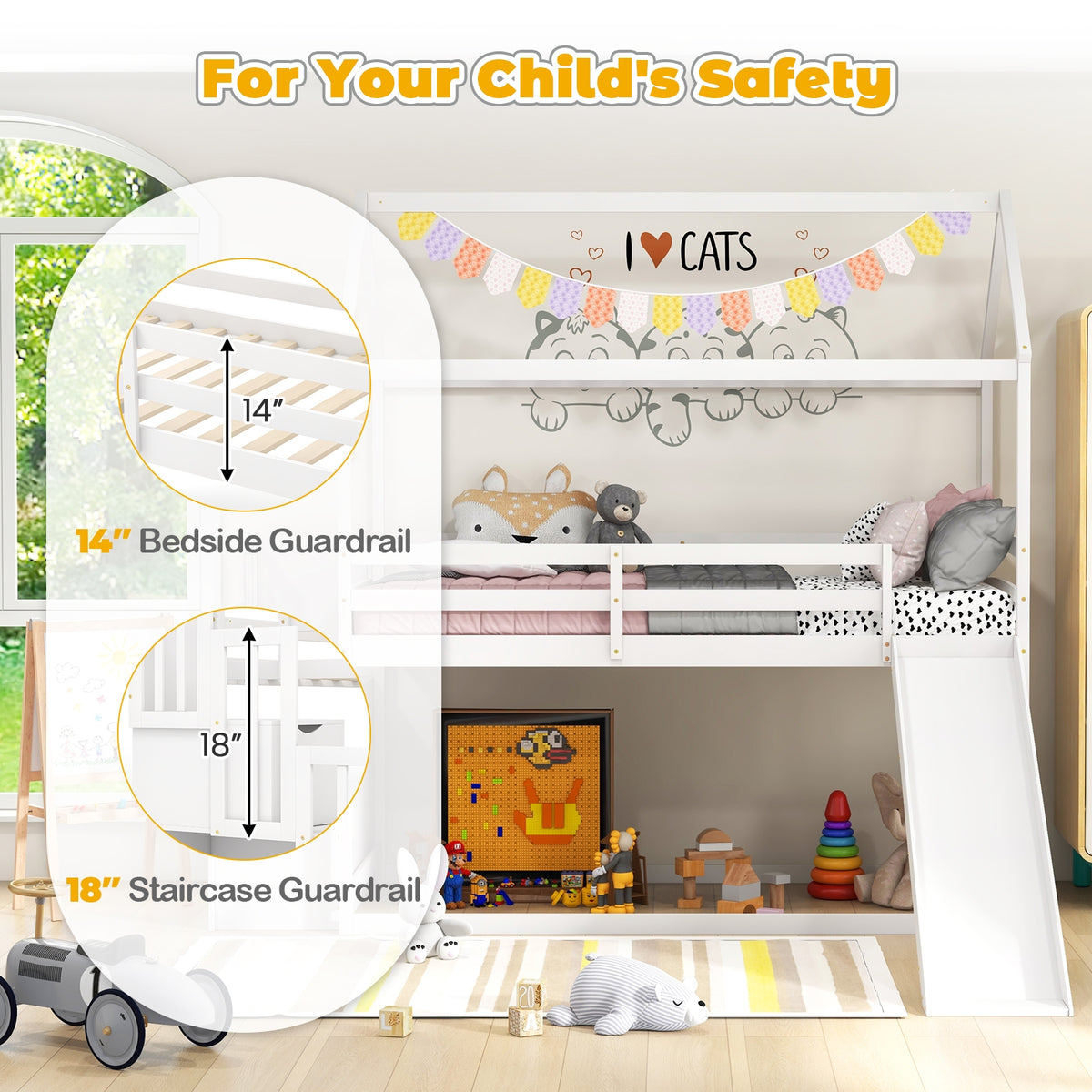 Twin over Twin Bunk Bed with Slide and 2-Step Storage Staircase-White-Toddler Beds-DECOROLALA