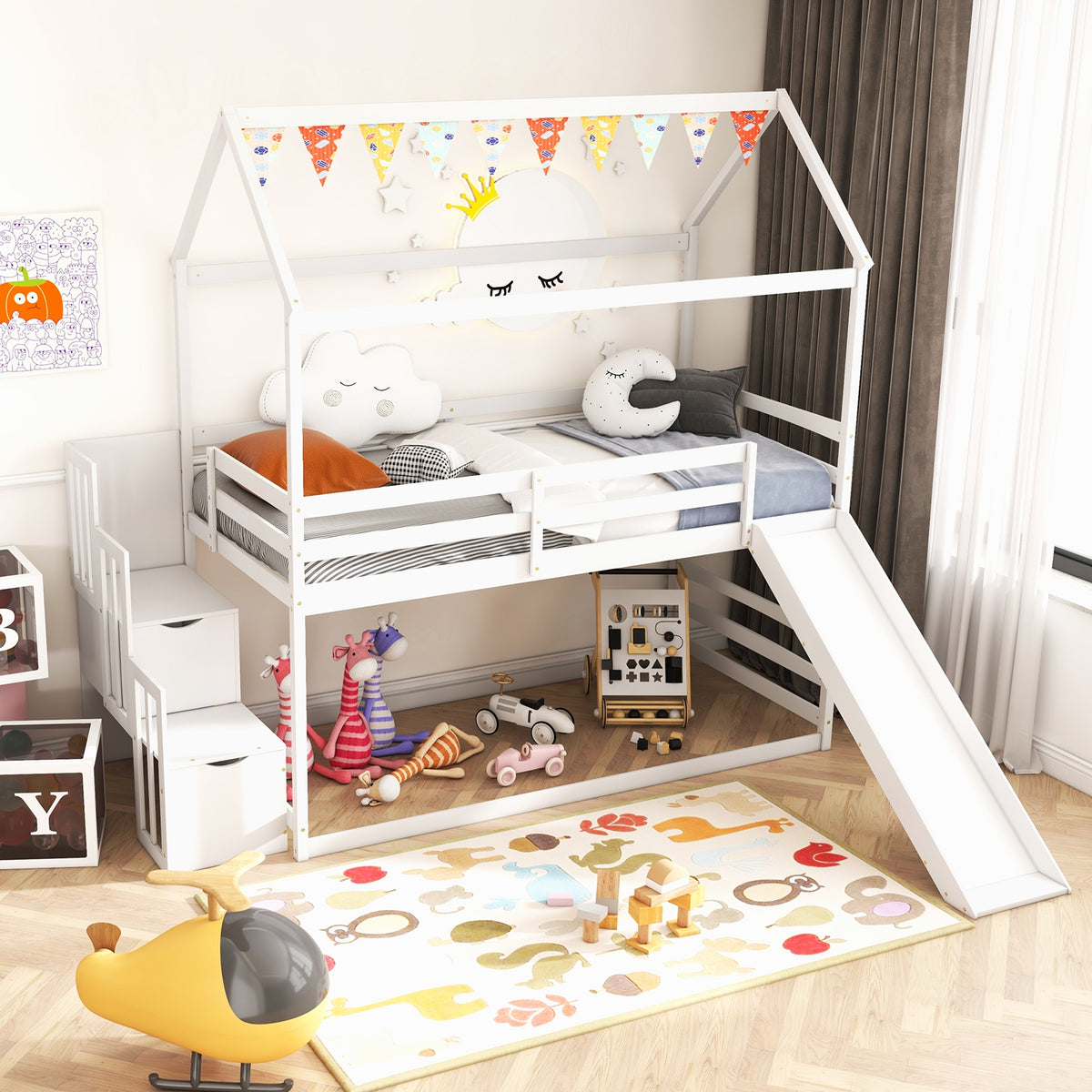 Twin over Twin Bunk Bed with Slide and 2-Step Storage Staircase-White-Toddler Beds-DECOROLALA