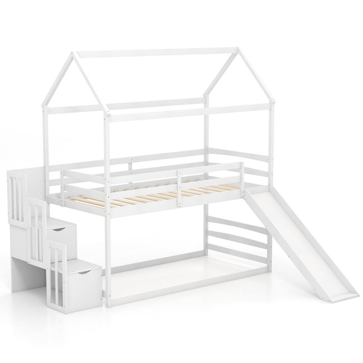 Twin over Twin Bunk Bed with Slide and 2-Step Storage Staircase-White-Toddler Beds-DECOROLALA