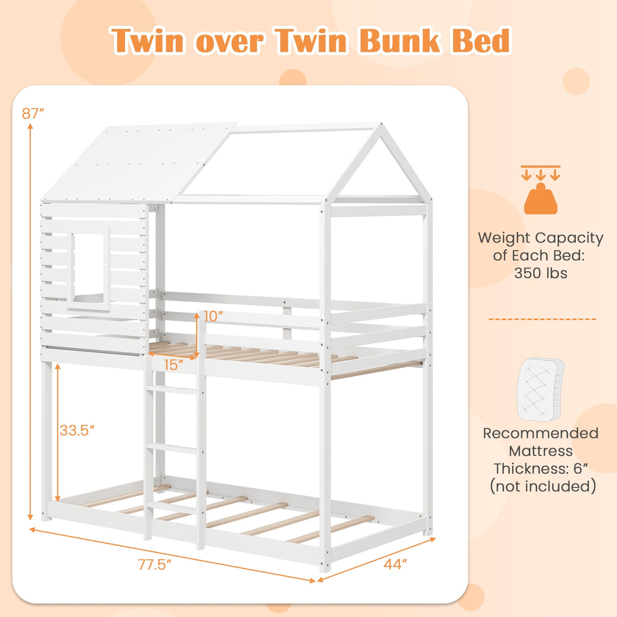 Twin over Twin House Bunk Bed with Roof - White Pine Wood-Bunk Bed Frame-DECOROLALA