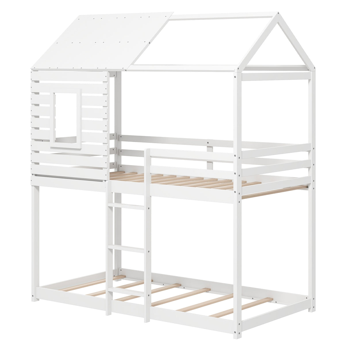 Twin over Twin House Bunk Bed with Roof and Full-length Guardrails-White-Bunk Bed Frame-DECOROLALA