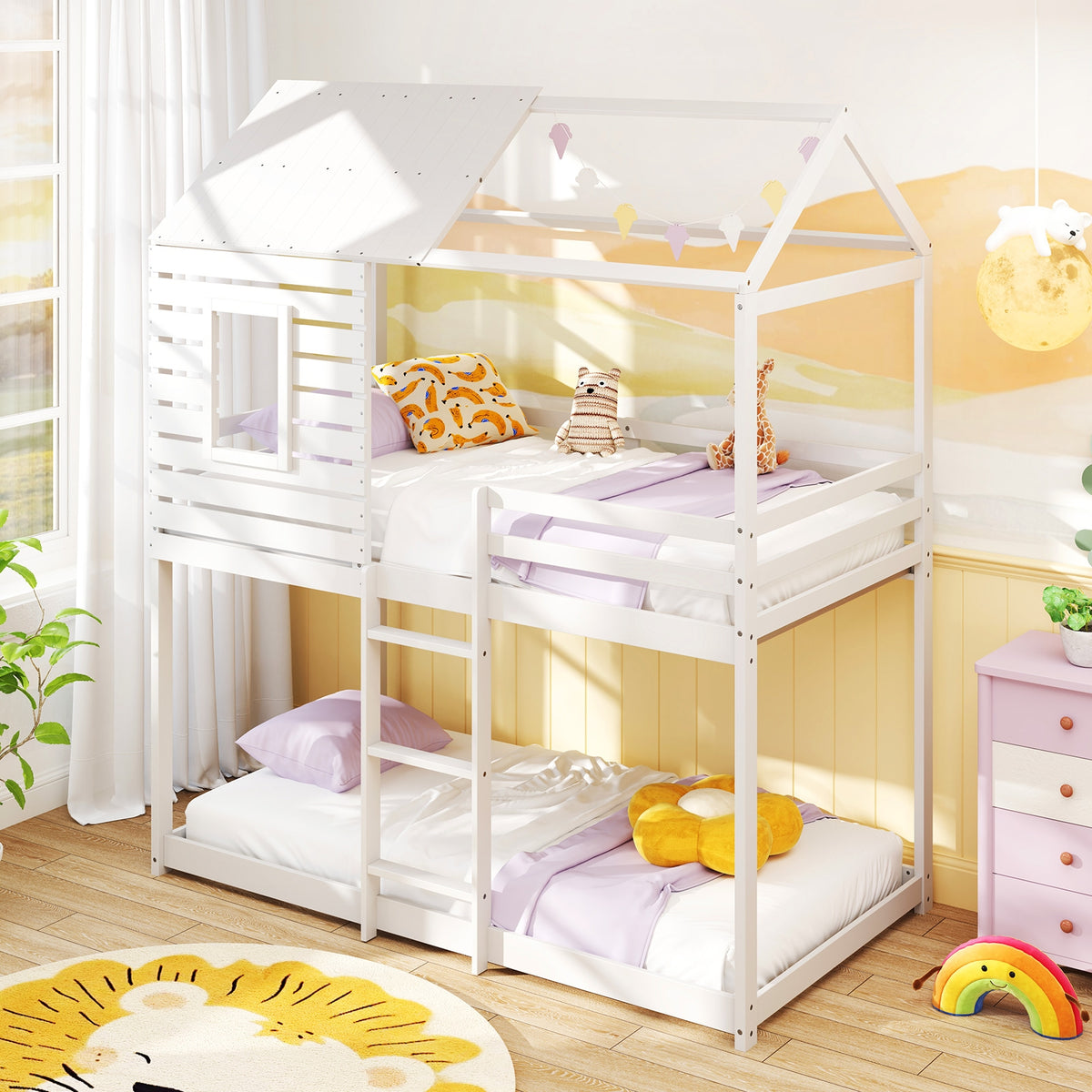Twin over Twin House Bunk Bed with Roof and Full-length Guardrails-White-Bunk Bed Frame-DECOROLALA