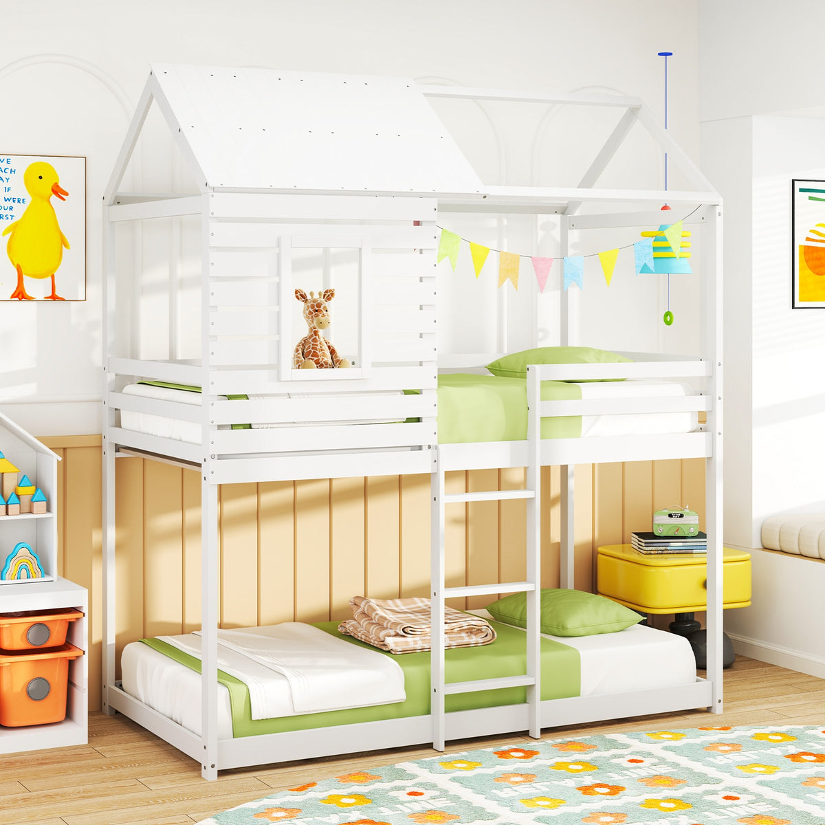 Twin over Twin House Bunk Bed with Roof and Full-length Guardrails-White-Bunk Bed Frame-DECOROLALA