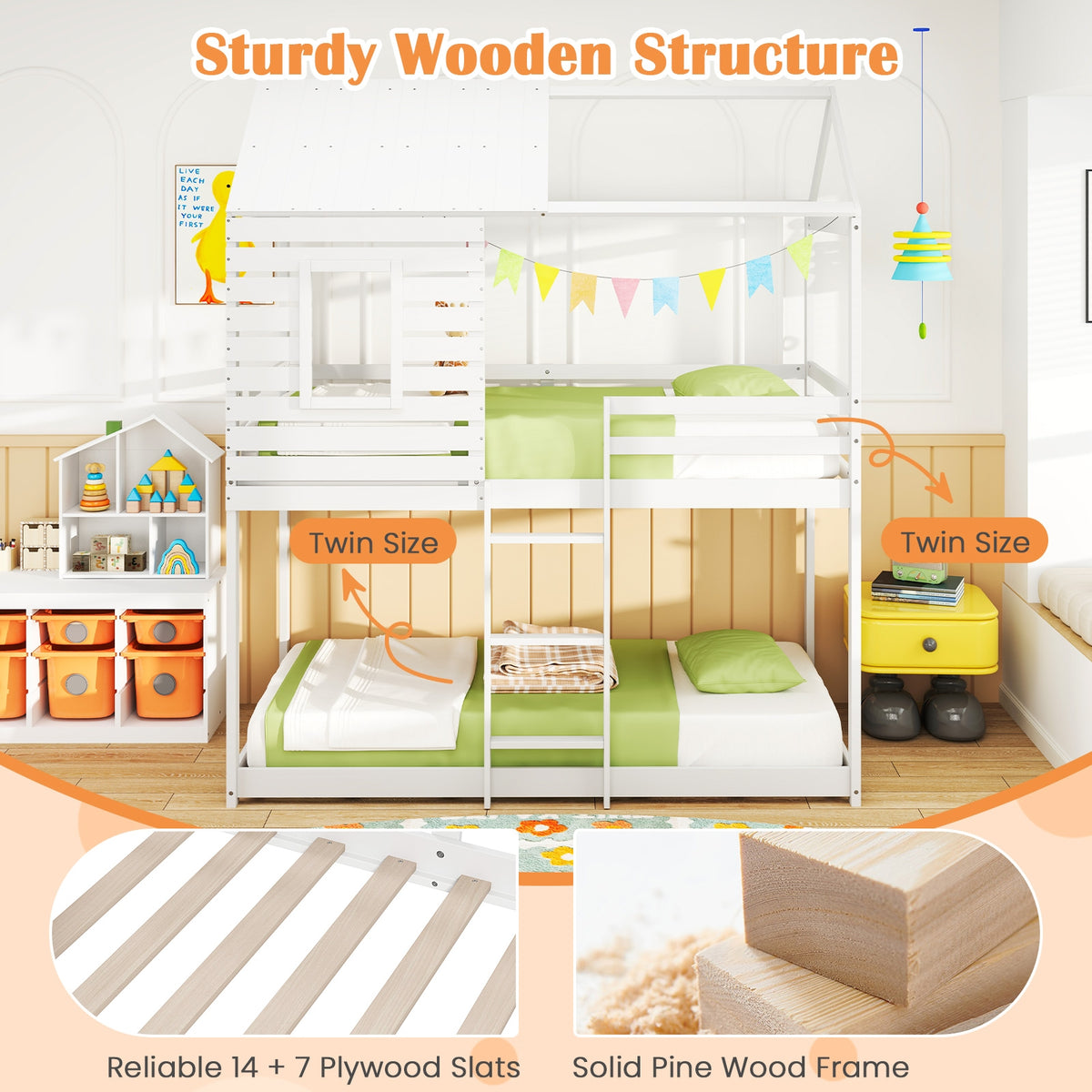 Twin over Twin House Bunk Bed with Roof and Full-length Guardrails-White-Bunk Bed Frame-DECOROLALA