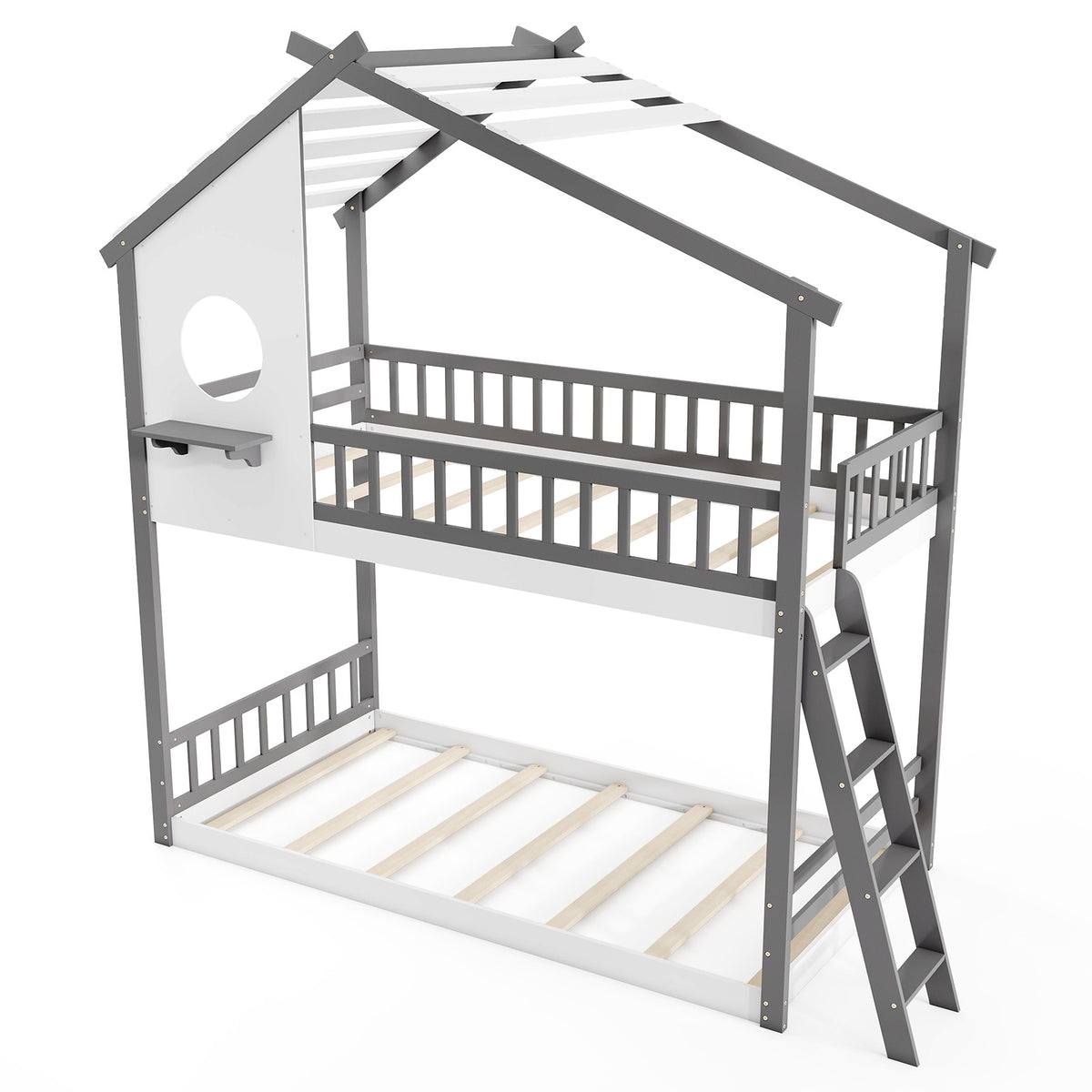 Twin over Twin House Bunk Bed with Roof and Guardrails for Kids-White & Gray-Bunk Bed Frame-DECOROLALA