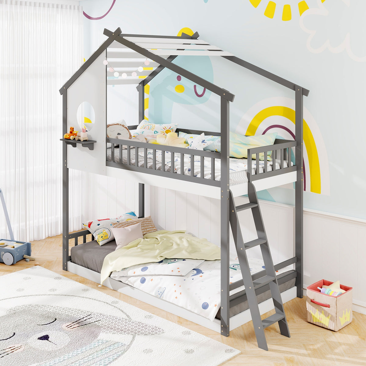 Twin over Twin House Bunk Bed with Roof and Guardrails for Kids-White & Gray-Bunk Bed Frame-DECOROLALA