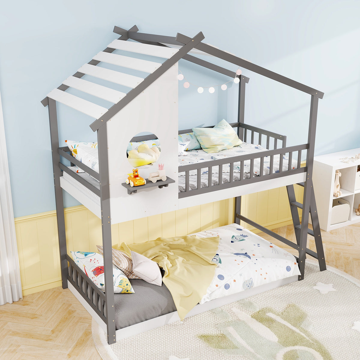 Twin over Twin House Bunk Bed with Roof and Guardrails for Kids-White & Gray-Bunk Bed Frame-DECOROLALA