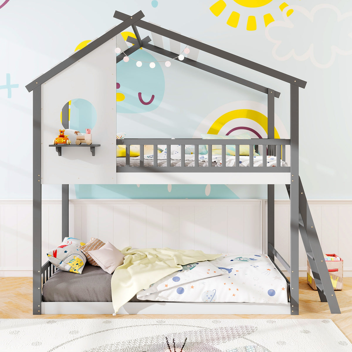Twin over Twin House Bunk Bed with Roof and Guardrails for Kids-White & Gray-Bunk Bed Frame-DECOROLALA
