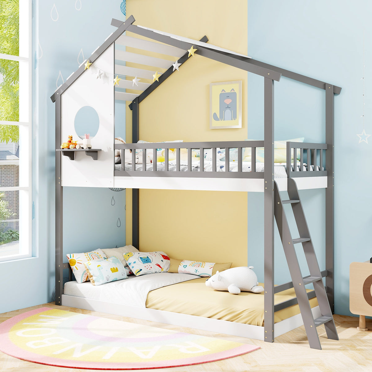 Twin over Twin House Bunk Bed with Roof and Guardrails for Kids-White & Gray-Bunk Bed Frame-DECOROLALA