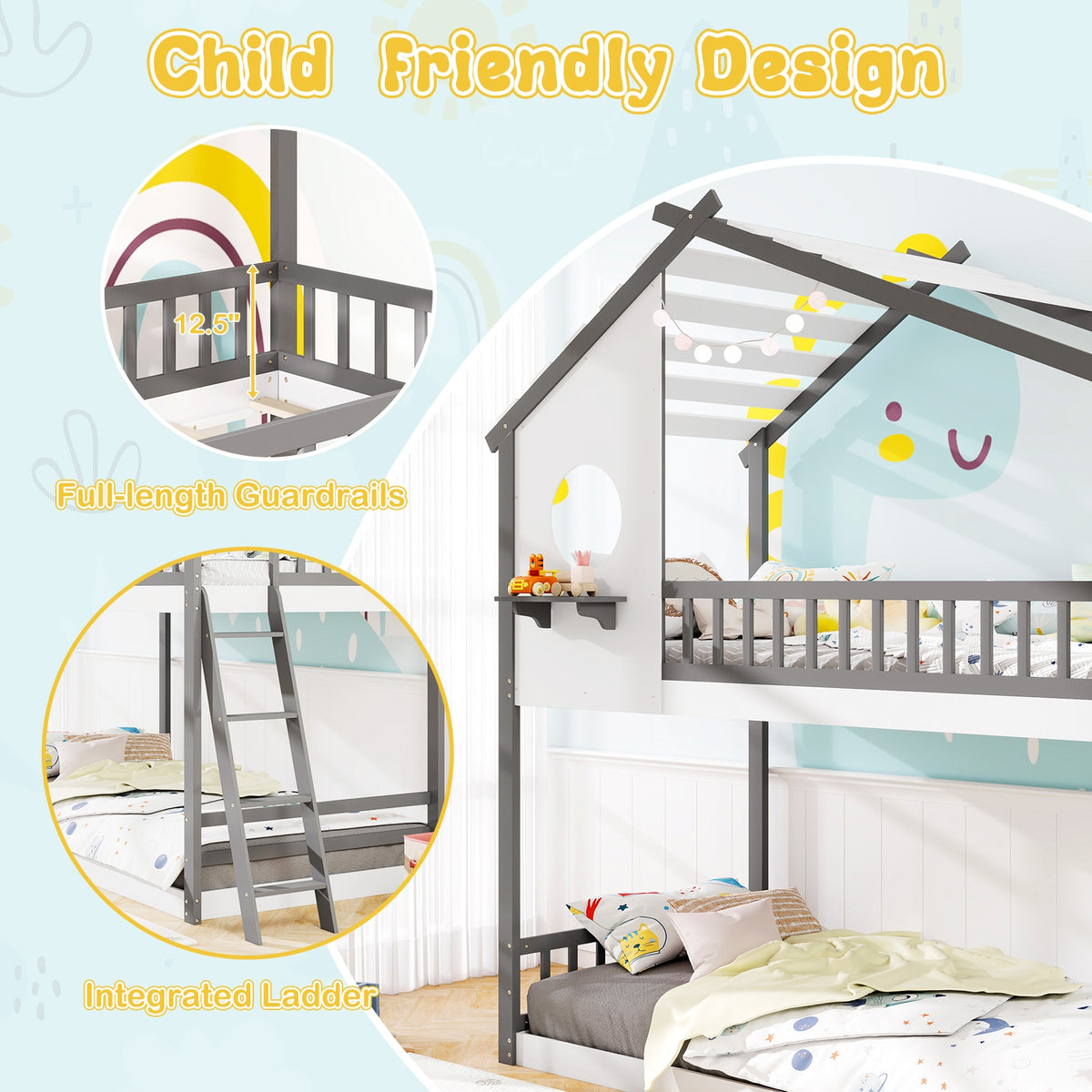 Twin over Twin House Bunk Bed with Roof and Guardrails for Kids-White & Gray-Bunk Bed Frame-DECOROLALA