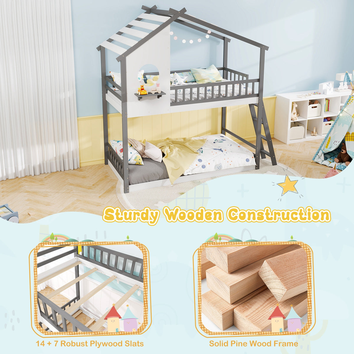 Twin over Twin House Bunk Bed with Roof and Guardrails for Kids-White & Gray-Bunk Bed Frame-DECOROLALA