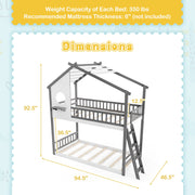 Twin over Twin House Bunk Bed with Roof and Guardrails for Kids-White & Gray-Bunk Bed Frame-DECOROLALA