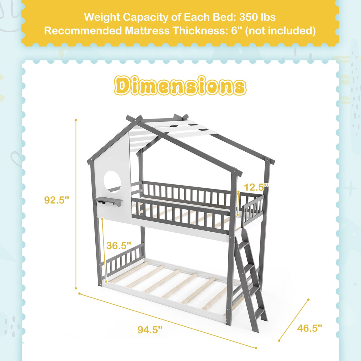 Twin over Twin House Bunk Bed with Roof and Guardrails for Kids-White & Gray-Bunk Bed Frame-DECOROLALA