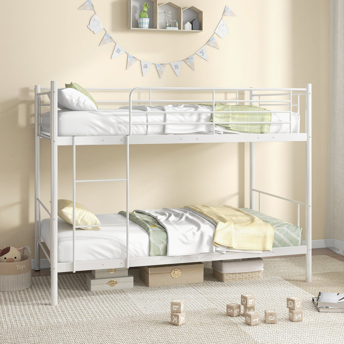 Twin over Twin Metal Bunk Bed with Ladder and Guardrails-Bunk Bed Frame-DECOROLALA