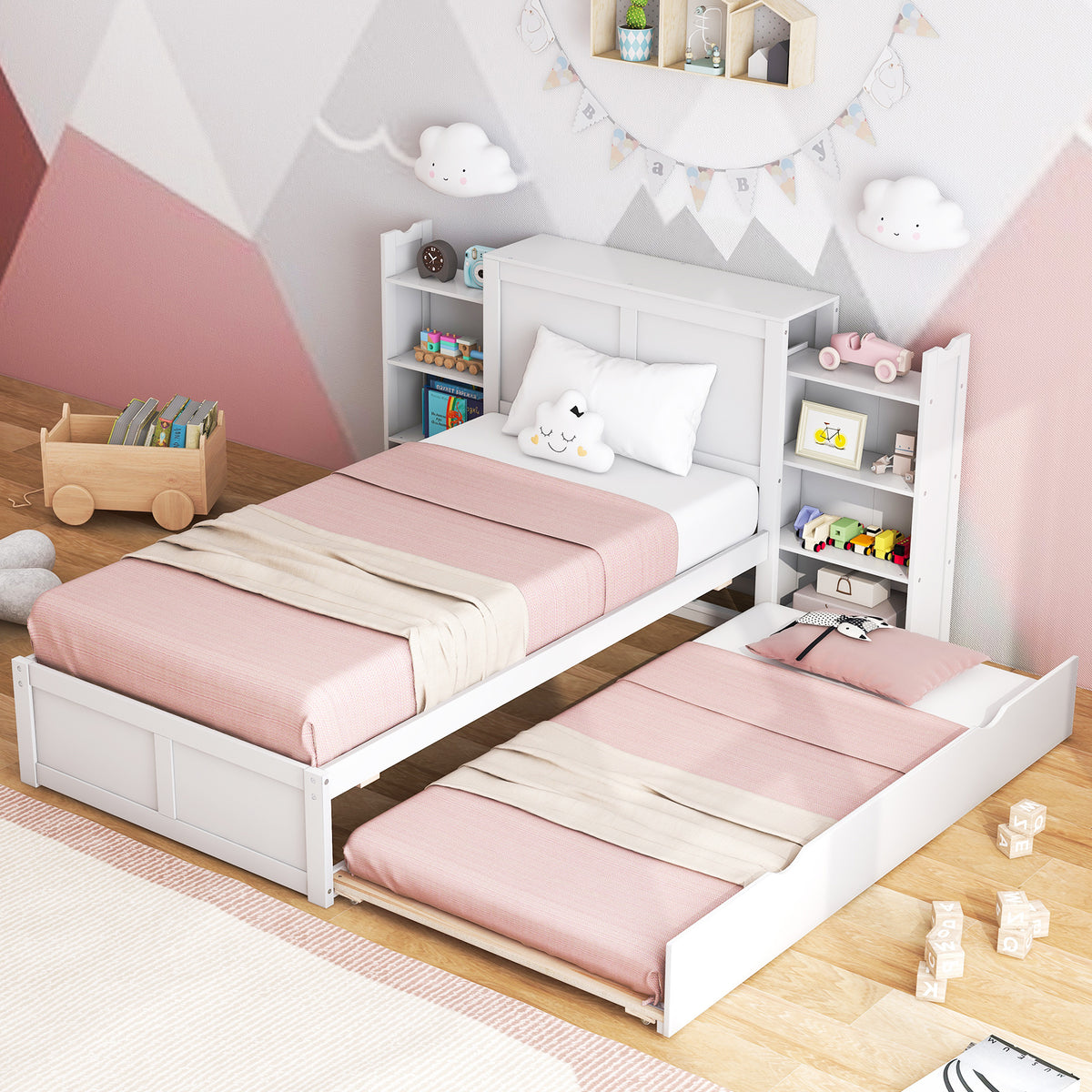 Twin/Full Kids Wooden Platform Bed with Trundle Storage Headboard-Twin Size-Simple Bed Frame-DECOROLALA