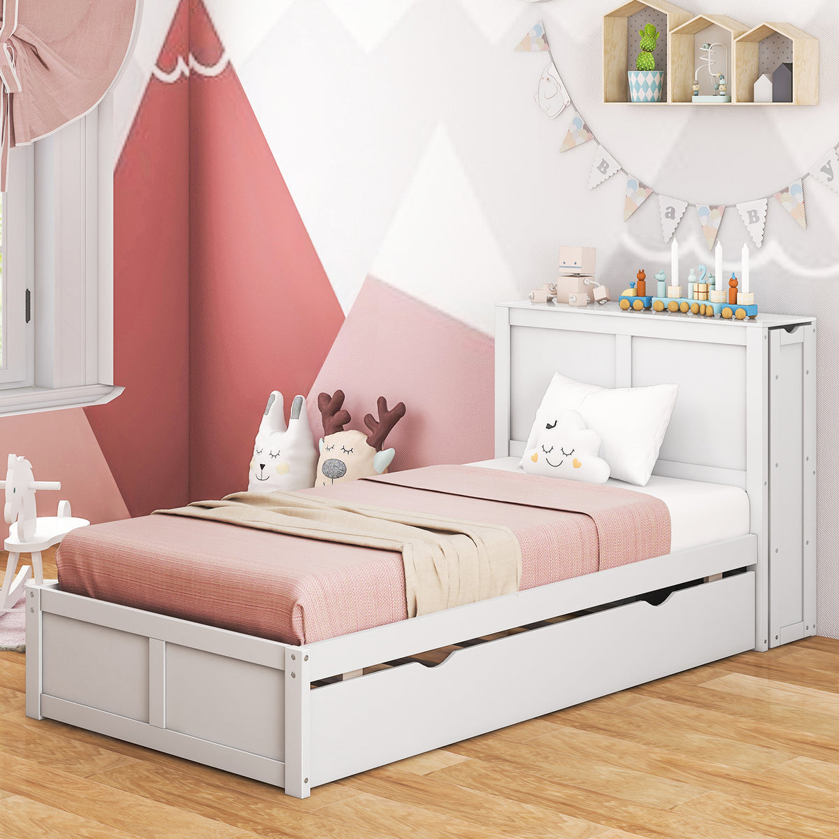 Twin/Full Kids Wooden Platform Bed with Trundle Storage Headboard-Twin Size-Simple Bed Frame-DECOROLALA